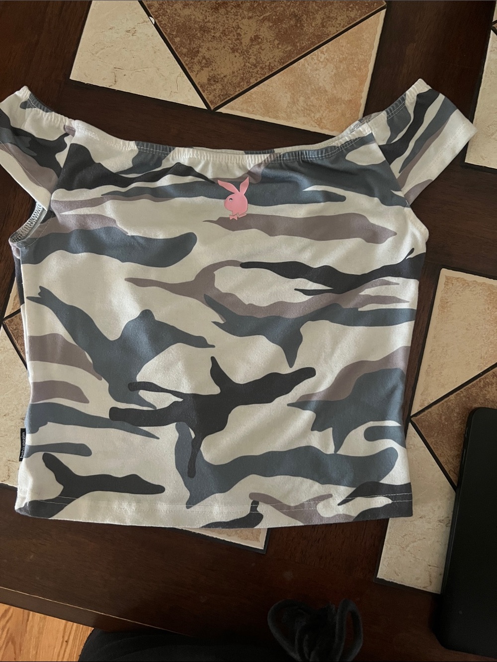 PLAYBOY Gray Black Cream Camo Off-Shoulder Crop Top with Pink Bunny